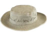 A beige wide-brimmed bucket hat made of fabric.
