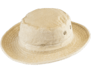 Beige wide-brimmed safari hat with ventilation holes on the sides.