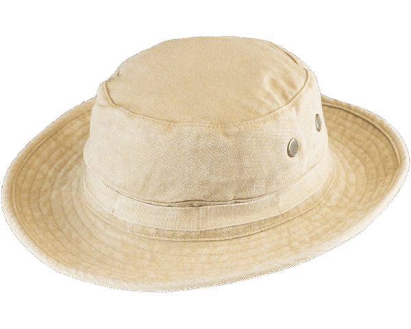 Beige wide-brimmed safari hat with ventilation holes on the sides.